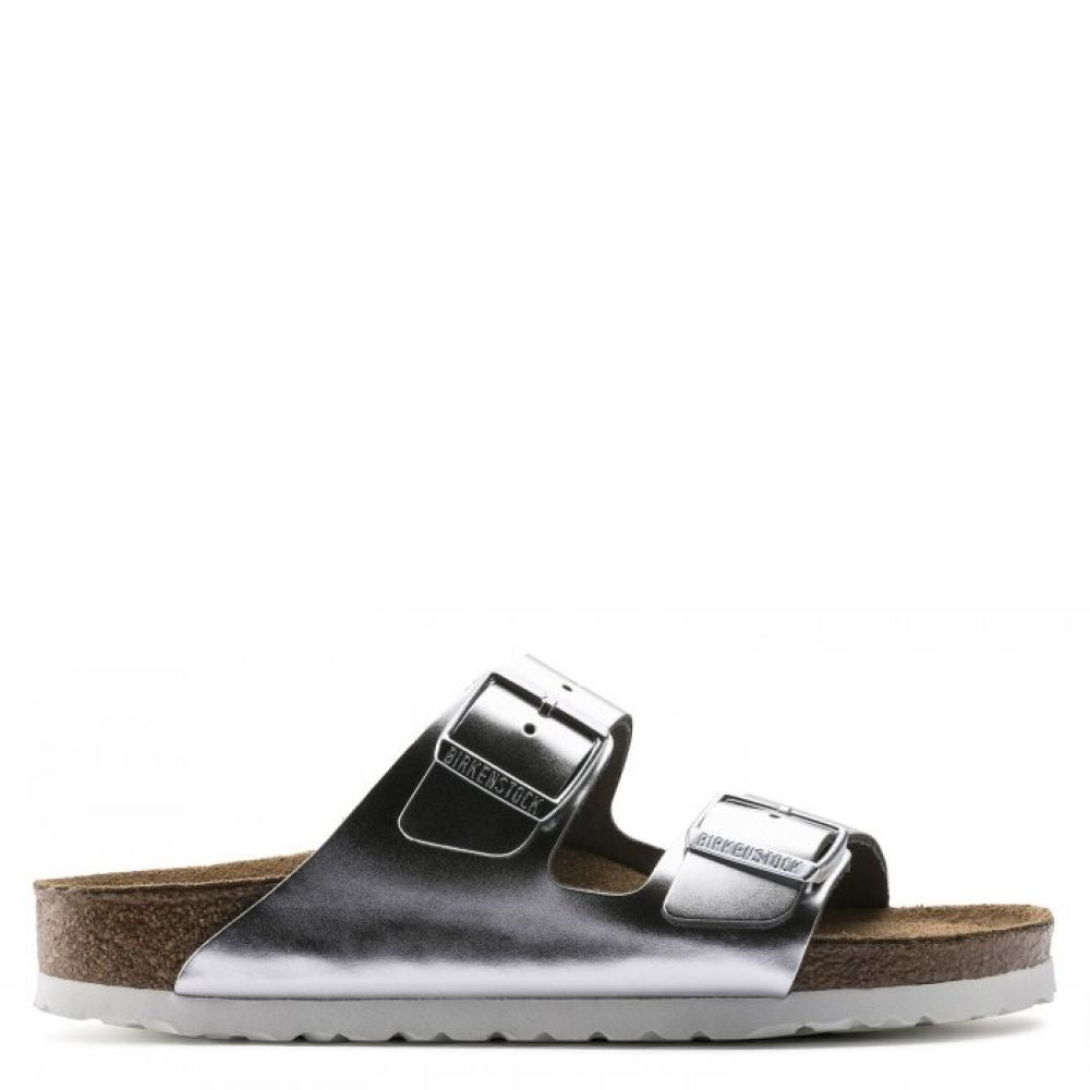 Birkenstock Women's Arizona Softbed Leather In Metallic Silver (Narrow Width) 3 Birkenstock Women's Arizona Softbed Leather In Metallic Silver (Narrow Width)
